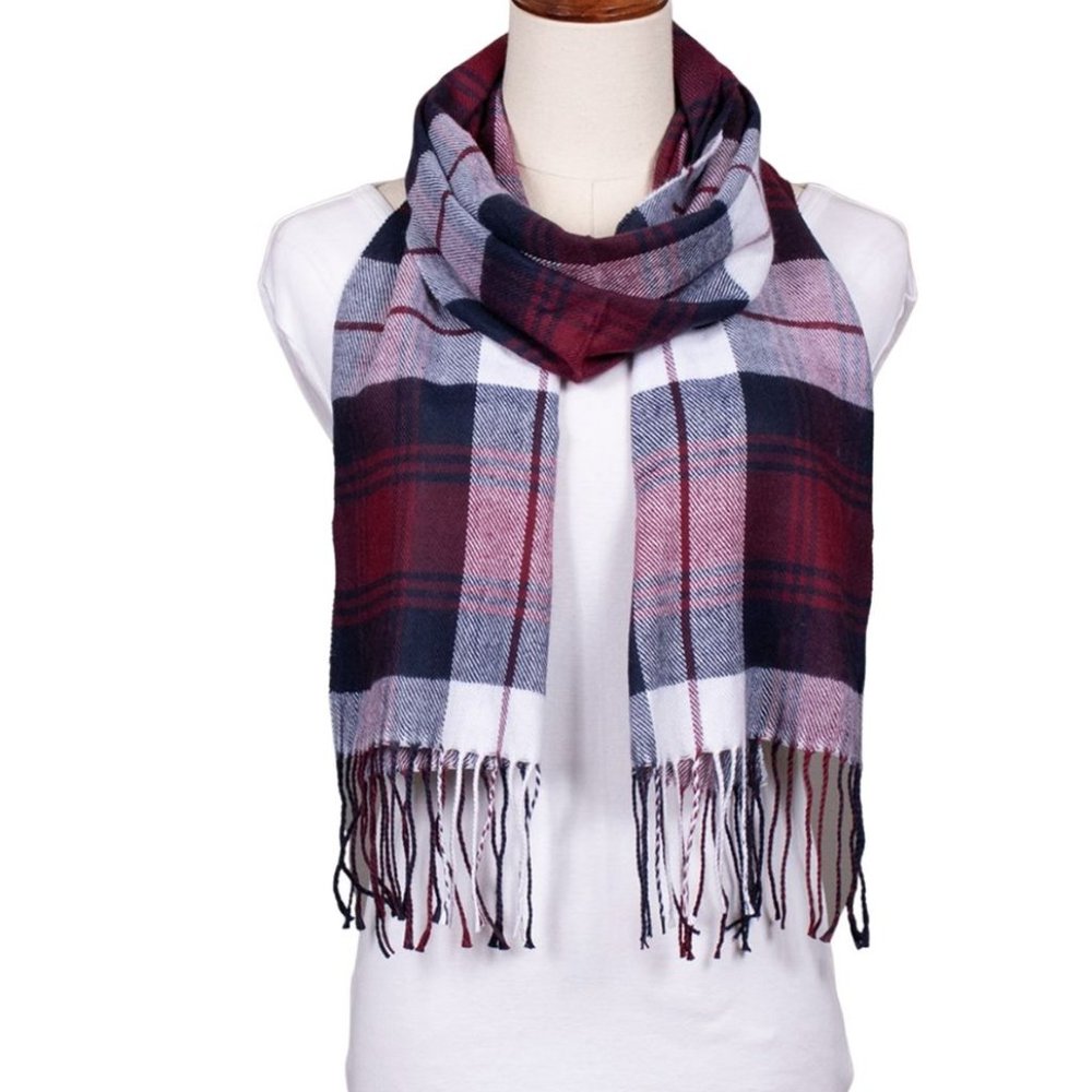 NWT- Super Soft Fall Plaid Scarf Navy/Red/White 65" x 12" 100% Acrylic